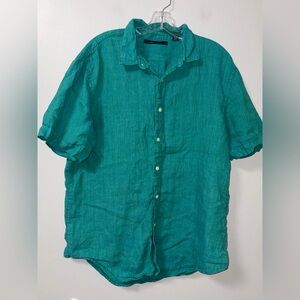 Perry Ellis teal blue green collared button down shirt 100% linen mens XL